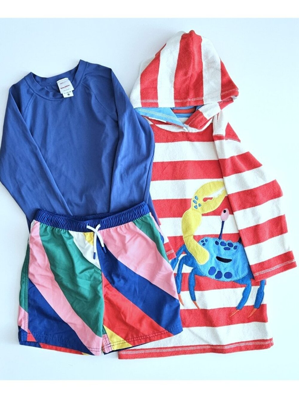 Mini Boden 6-7-8-9 Striped Hoodie Coverup Robe Swim Rash Guard Trunks Set